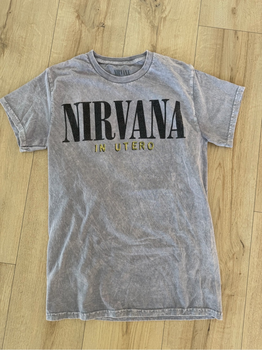 NIRVANA Gray Logo Tee with Smiley Face Print